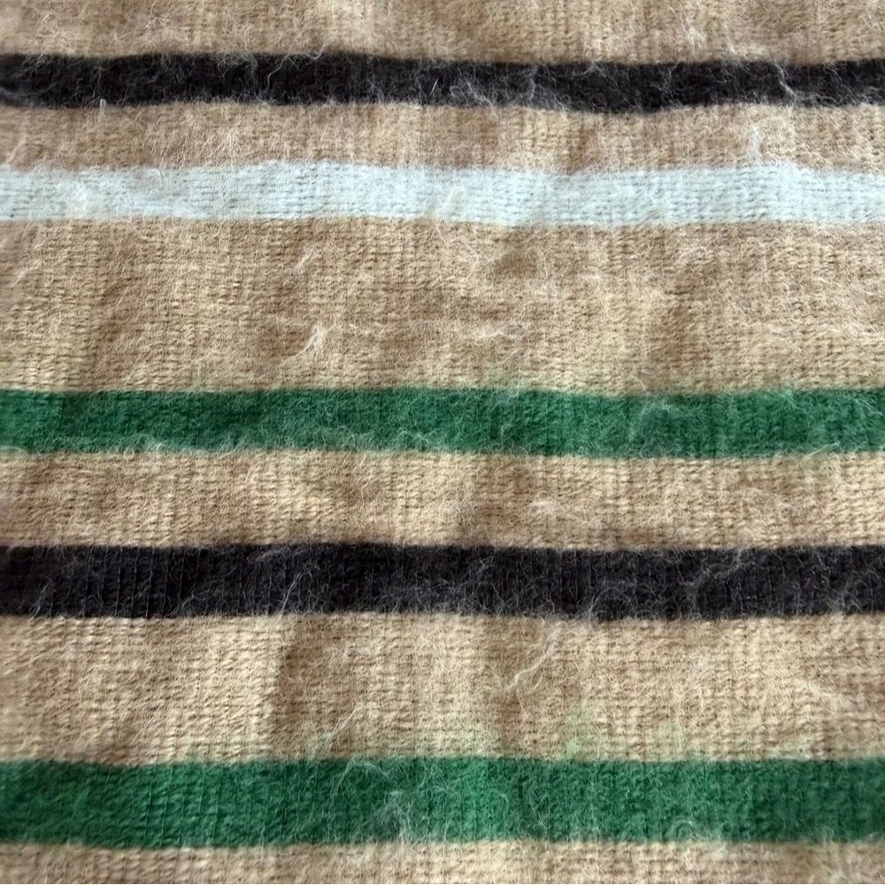 Vintage W H Block Striped Tan and Green Scarf with Fringe 79” x 11”